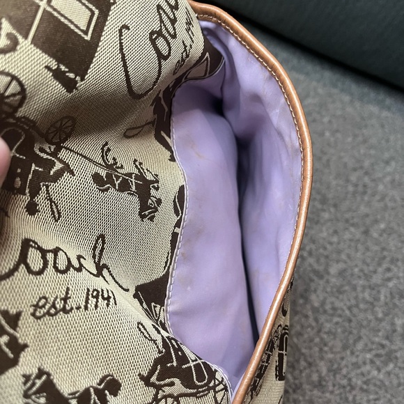 Coach Tan Shoulder Bag Purse with Purple Scarf AS IS - Picture 10 of 16